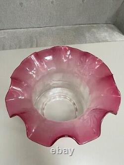 Antique cranberry wavy top acid etched oil lamp shade