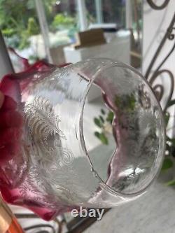 Antique cranberry wavy top wheel etched gas lamp shade