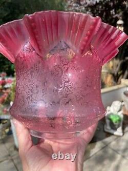 Antique crimped wavy top acid etched cranberry oil lamp shade