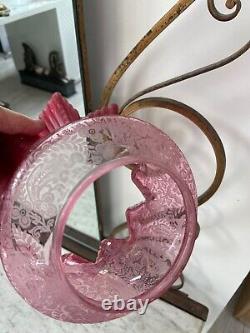 Antique crimped wavy top acid etched cranberry oil lamp shade