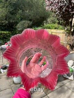 Antique crimped wavy top acid etched cranberry oil lamp shade