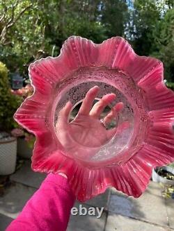 Antique crimped wavy top acid etched cranberry oil lamp shade