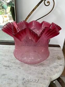 Antique crimped wavy top acid etched cranberry oil lamp shade