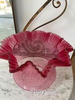 Antique crimped wavy top acid etched cranberry oil lamp shade