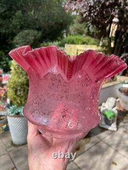 Antique crimped wavy top acid etched cranberry oil lamp shade