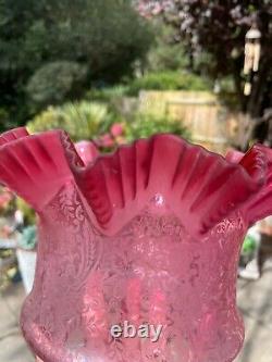 Antique crimped wavy top acid etched cranberry oil lamp shade