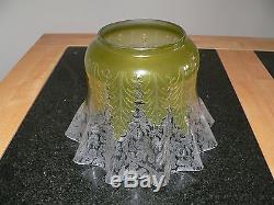 Antique deeply etched green & frosted glass Victorian Duplex oil lamp shade