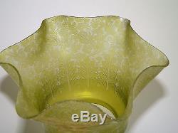 Antique deeply etched lime green glass Victorian oil lamp shade Duplex lampshade
