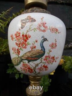 Antique electric/ oil lamp, LARGE, peacock painted bowl, 76 cms high
