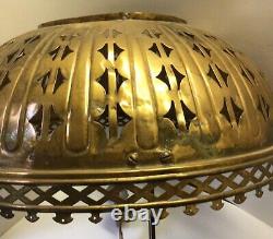 Antique fancy brass 14 hanging library oil lamp fixture frame & shade