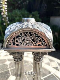 Antique four corinthian column silver plate oil lamp and cut glass font