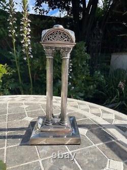 Antique four corinthian column silver plate oil lamp and cut glass font
