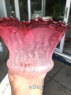 Antique frilly bobbly cranberry acid etched oil lamp shade wrythen