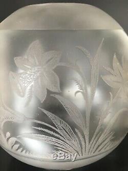 Antique frosted round oil lamp shade acid etched daffodils