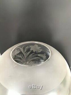 Antique frosted round oil lamp shade acid etched daffodils