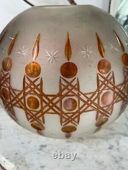 Antique frosted round oil lamp shade with amber cuts