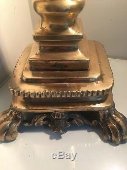 Antique huge engraved brass oil lamp base paw feet