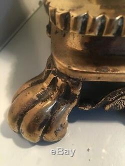 Antique huge engraved brass oil lamp base paw feet