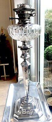 Antique huge silver plate oil lamp with baccarat cut glass fount Hinks burner