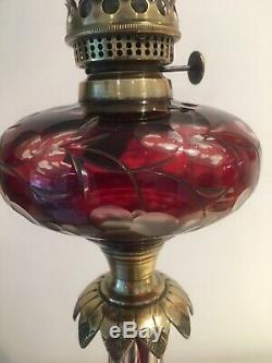 Antique large Czechoslovakia Bohemian Ruby cut glass oil lamp
