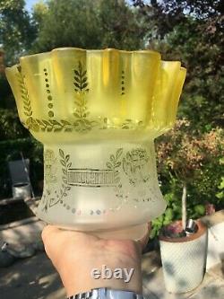 Antique lemon yellow acid etched frilly top oil lamp shade
