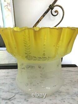 Antique lemon yellow acid etched frilly top oil lamp shade
