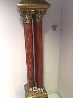 Antique oak four column and brass oil lamp base