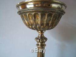 Antique oil lamp cranberry shade corinthian column very shiny working OL19