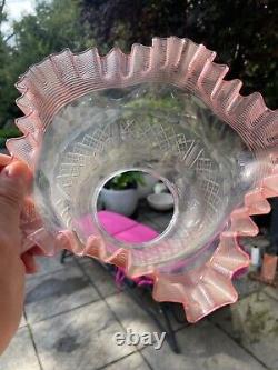 Antique oil lamp shade, crimped stripes pink top and facet cuts