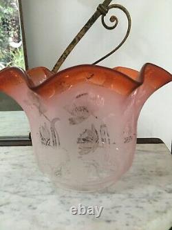 Antique orange peach, rust oil lamp shade, wavy top, and acid etched flowers