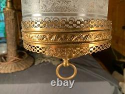 Antique ornate Brass hanging hall library oil lamp fixture Acid Cut Scenic Shade