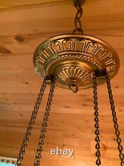 Antique ornate Brass hanging hall library oil lamp fixture Acid Cut Scenic Shade