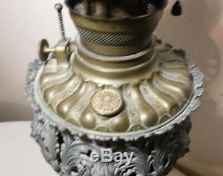 Antique ornate brass cast iron marble figural electrified oil table parlor lamp