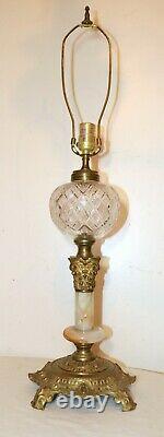Antique ornate brass cut crystal onyx stone electrified oil table parlor lamp
