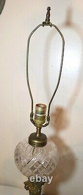 Antique ornate brass cut crystal onyx stone electrified oil table parlor lamp