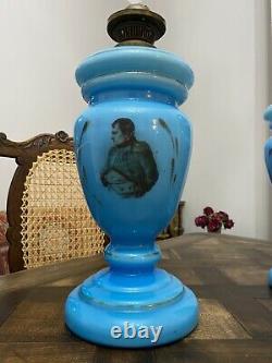 Antique rare Pair of french Persian European blue opaline glass oil lamps