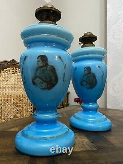 Antique rare Pair of french Persian European blue opaline glass oil lamps
