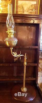 Antique rise & fall desk OIL LAMP student brass glass blue shade Wright & Butler