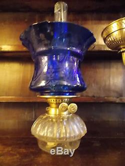 Antique rise & fall desk OIL LAMP student brass glass blue shade Wright & Butler