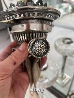 Antique silver hallmarked, oil lamp with daisy cut font silver plate Hinks Burne