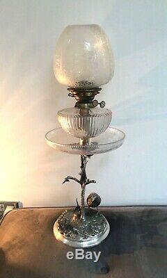 Antique silver plate naturalistic oil lamp bird cut glass hinks