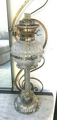 Antique silver plate oil lamp with hobnail drop in font and Hinks duplex burner
