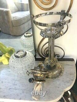 Antique silver plate oil lamp with hobnail drop in font and Hinks duplex burner