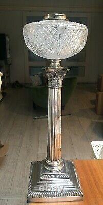Antique silver plate reeded column and supercut glass oil lamp font HINKS