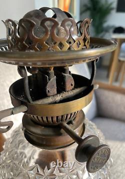 Antique square cut round oil lamp round glass pedestal base Hinks duplex burner