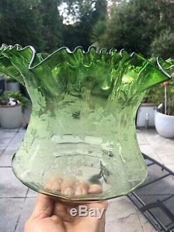 Antique tulip wavy top acid etched green oil lamp shade