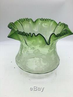 Antique tulip wavy top acid etched green oil lamp shade