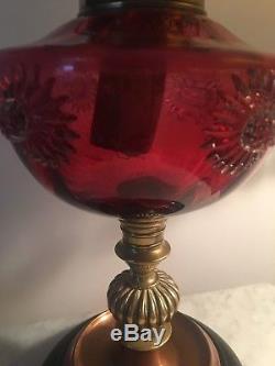 Antique victorian cranberry glass and brass copper oil lamp