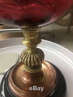 Antique victorian cranberry glass and brass copper oil lamp