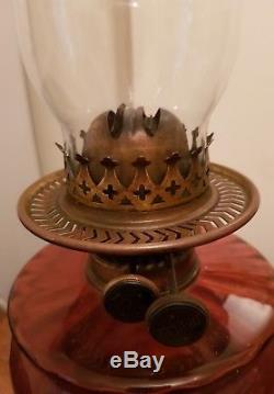 Antique victorian cranberry glass oil lamp